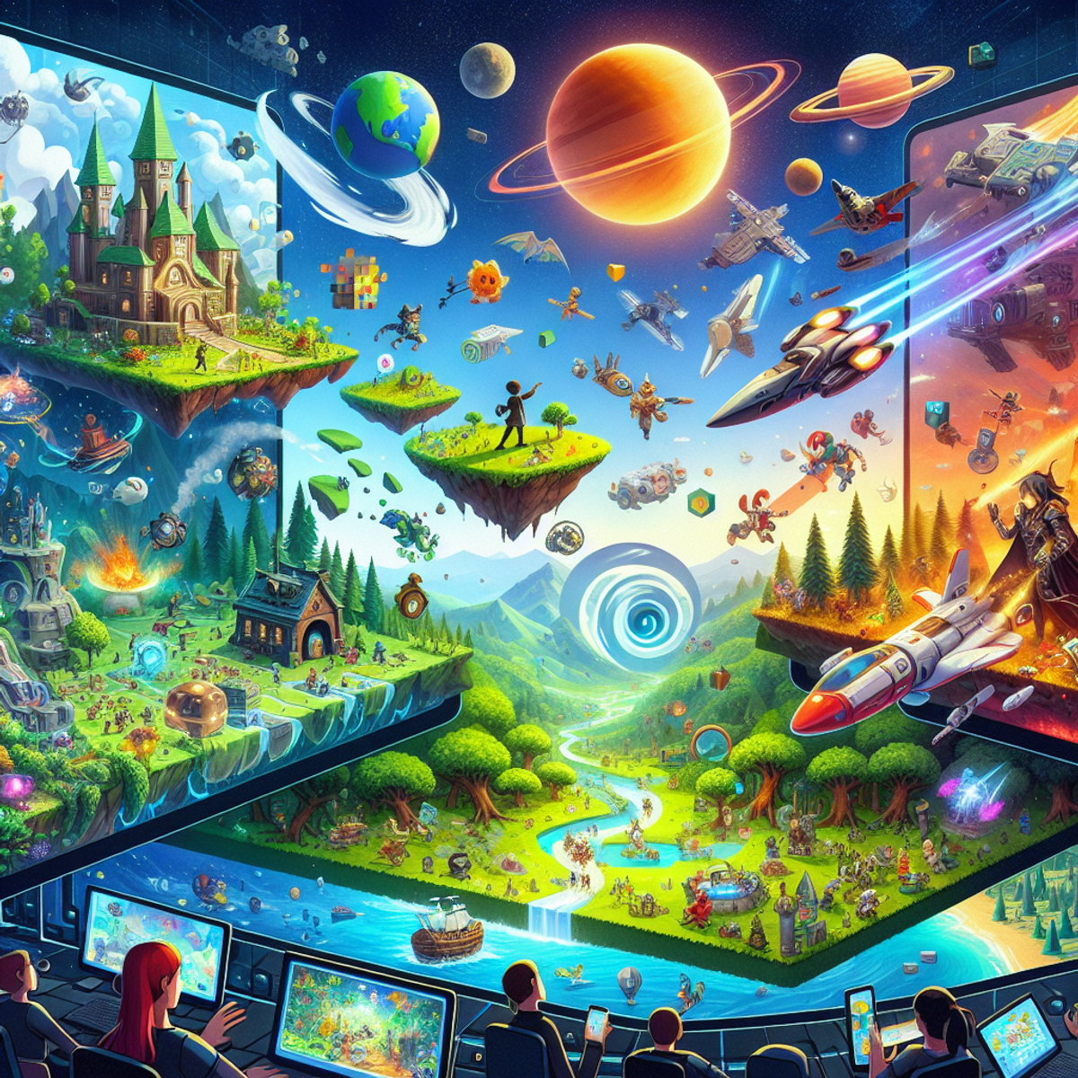 A character engaging in an intricate puzzle on a floating island, a brave hero embarking on a medieval quest in lush forests, a spaceship navigating in an interstellar arcade game, and people of various descents and genders interacting within these games.