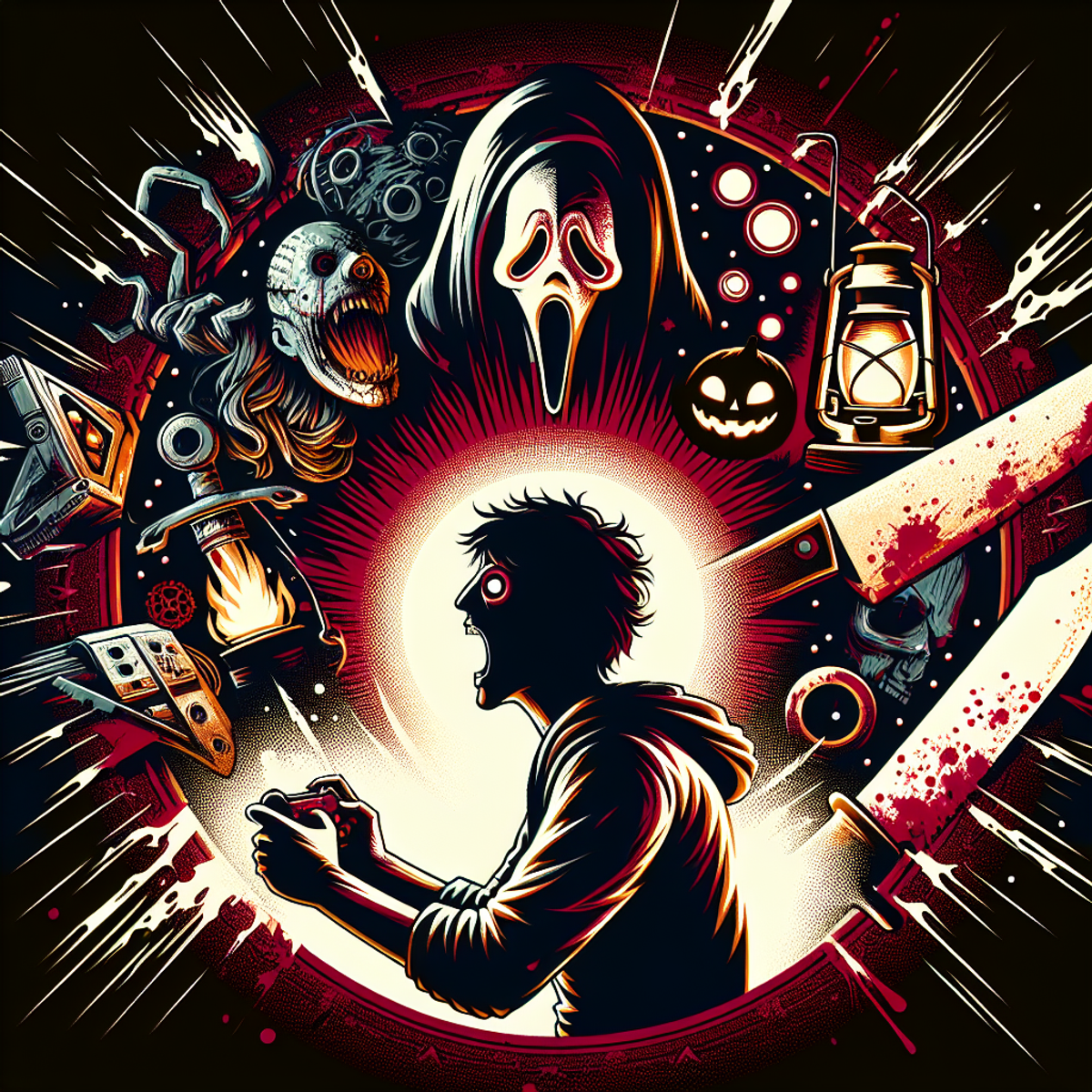 Alt text: A silhouette of a wide-eyed player surrounded by a blood-splattered machete, an eerie mask, and a flickering lantern, evoking the intensity of horror gaming.