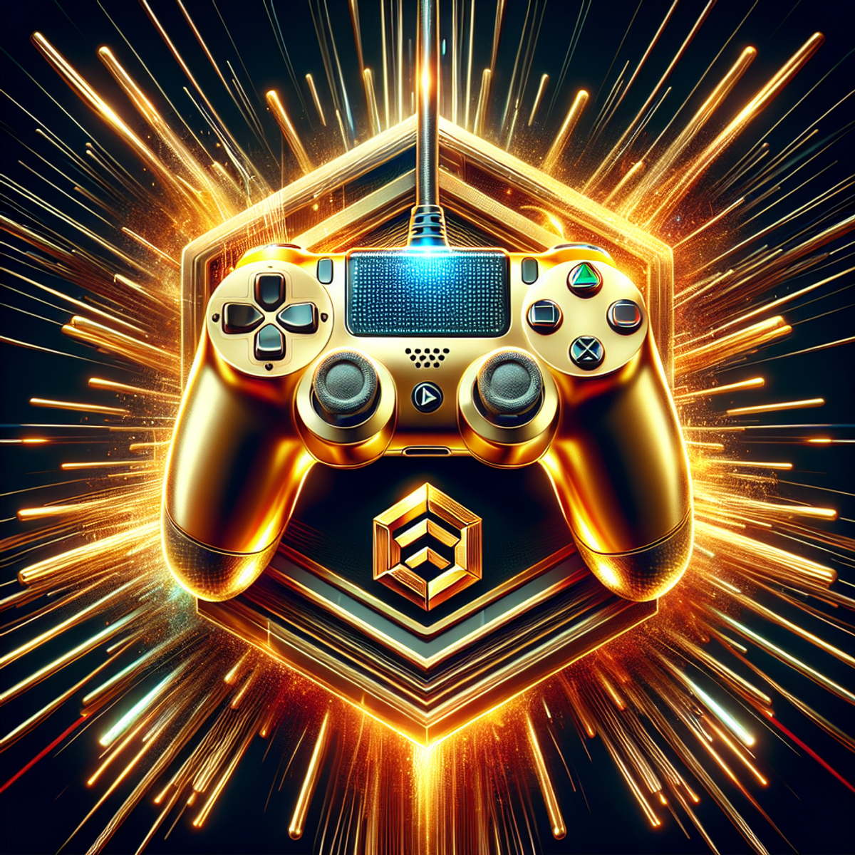 A golden video game controller with dynamic lines representing high energy.