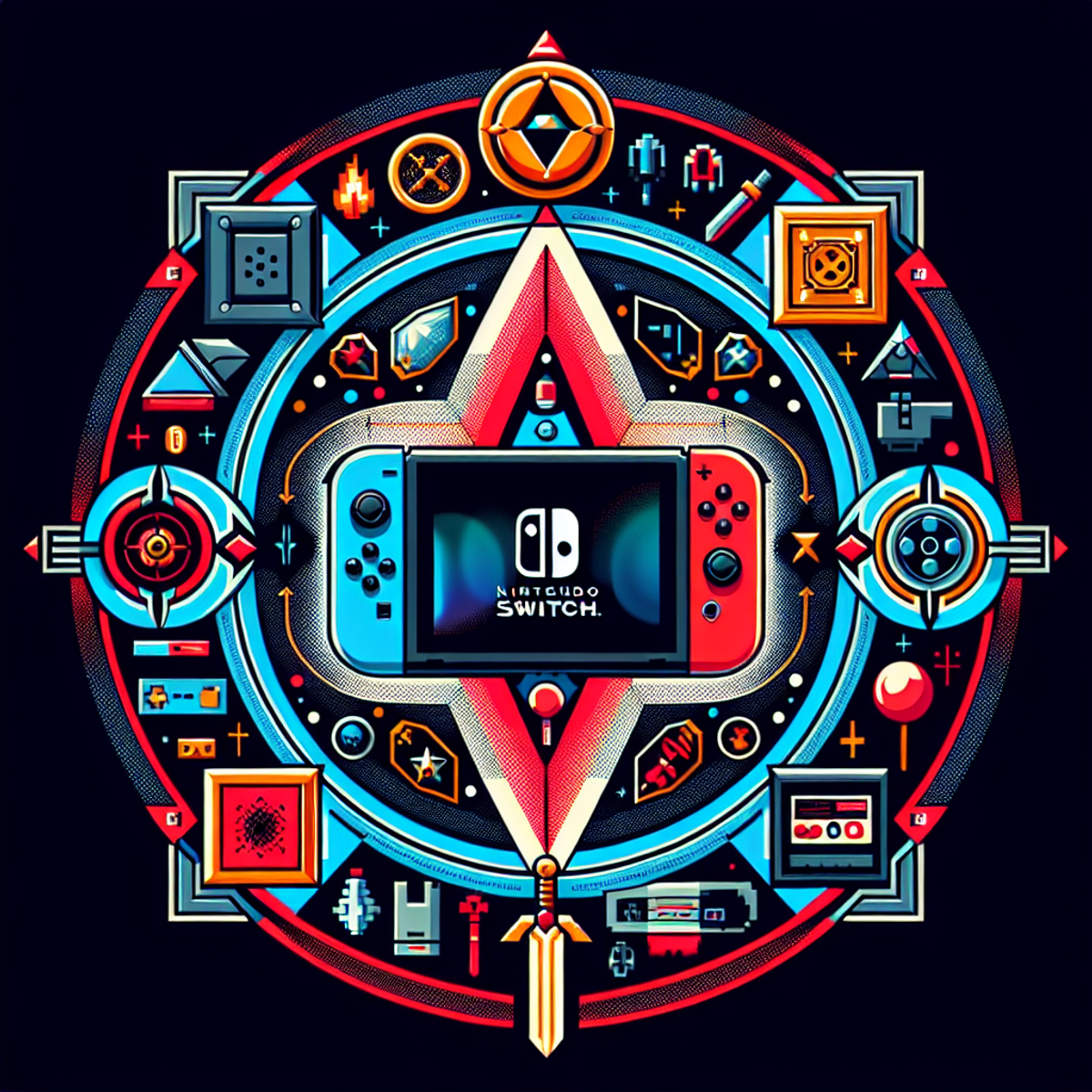A Nintendo Switch console sits at the center of the image, surrounded by a halo of symbolic items. On one half, there's a shield and a key representing 'Exclusivity,' while the other half displays recognizable motifs from classic Nintendo games in traditional pixel art style.