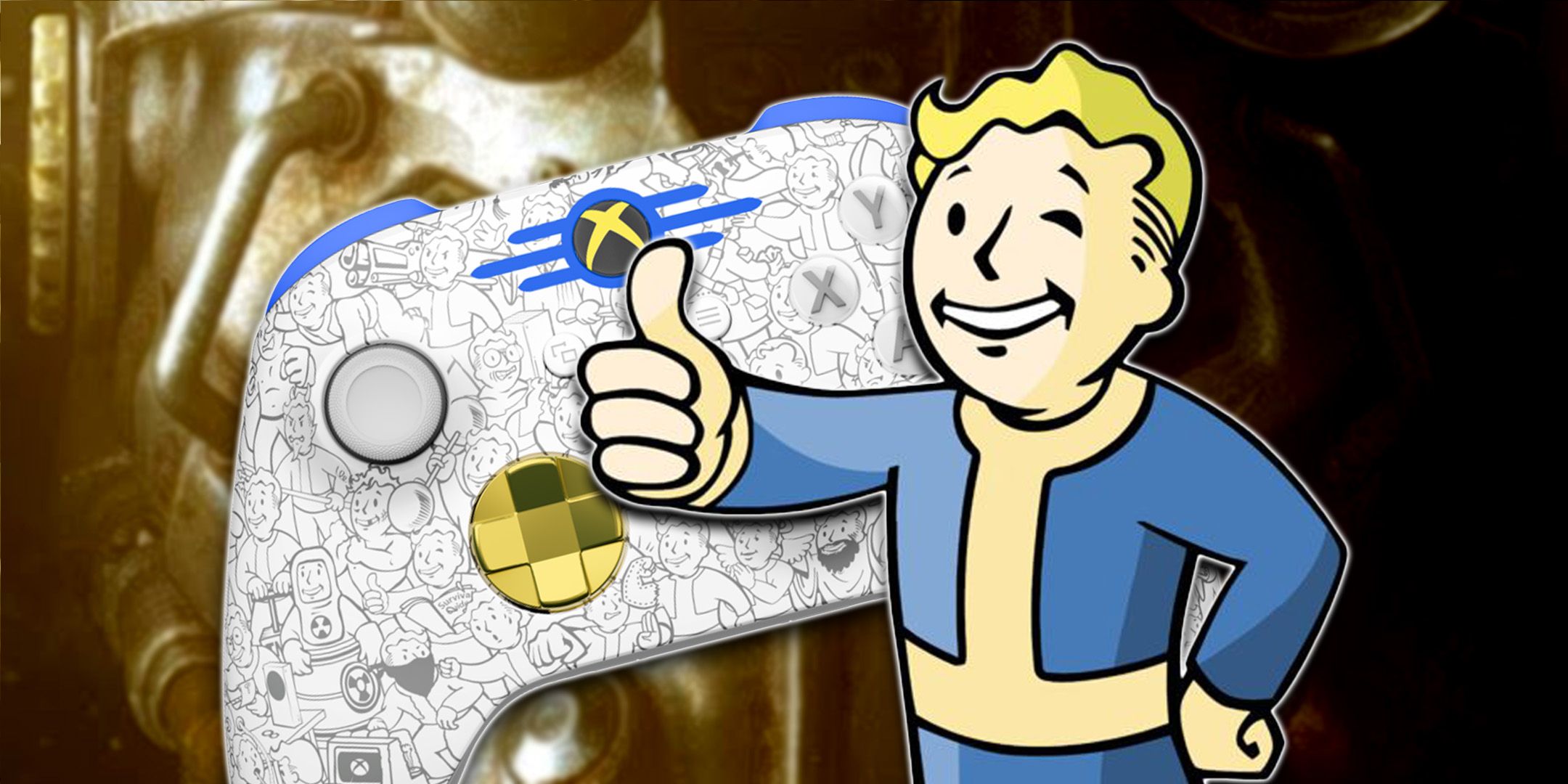 Fallout Vault Boy giving thumbs up next to Fallout themed Xbox Series controller