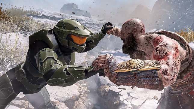 A screenshot Master Chief fighting Kratos via a PC mod. 