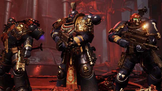 A screenshot shows three space marines standing together. 