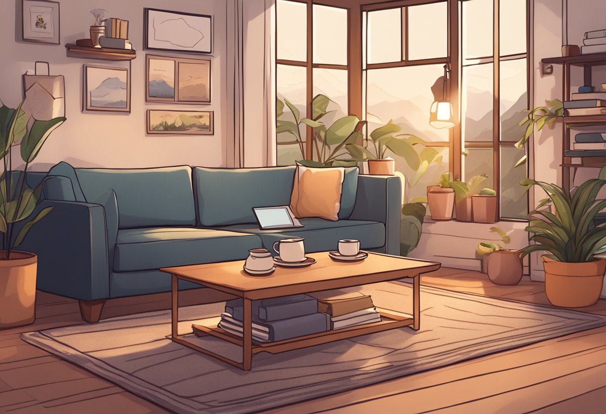 A cozy living room with a computer displaying "Casual Games for Relaxation" on Steam. A comfy couch, warm lighting, and a cup of tea complete the scene