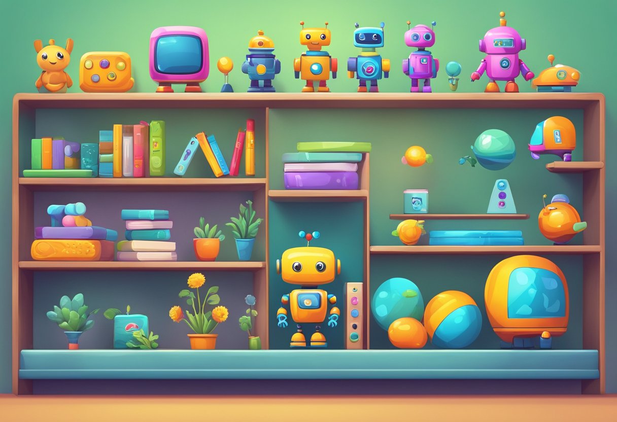 Colorful game icons arranged on a virtual shelf, with playful designs and educational themes. A friendly robot character stands next to the shelf, inviting kids to play