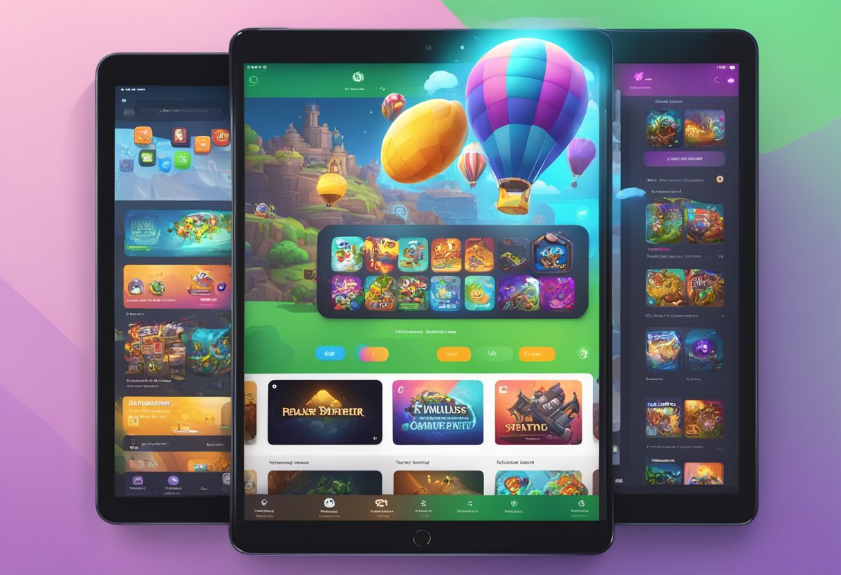 An iPad displaying upcoming game releases and updates, with vibrant graphics and exciting titles