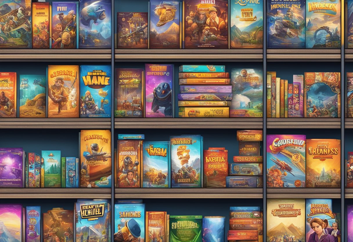 A movie-themed game display with colorful titles and movie posters