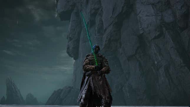 A figure wields a strangely thin, uneven green blade.