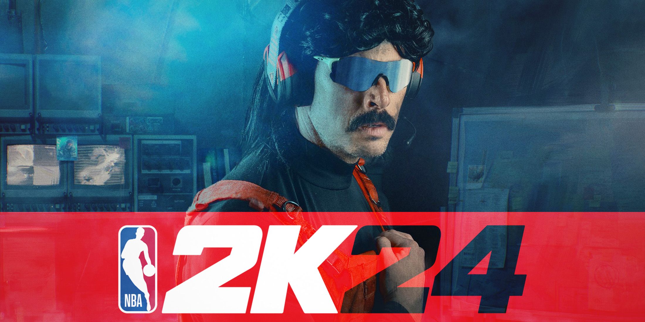 Dr Disrespect behind semi-transparent NBA 2K24 logo composite