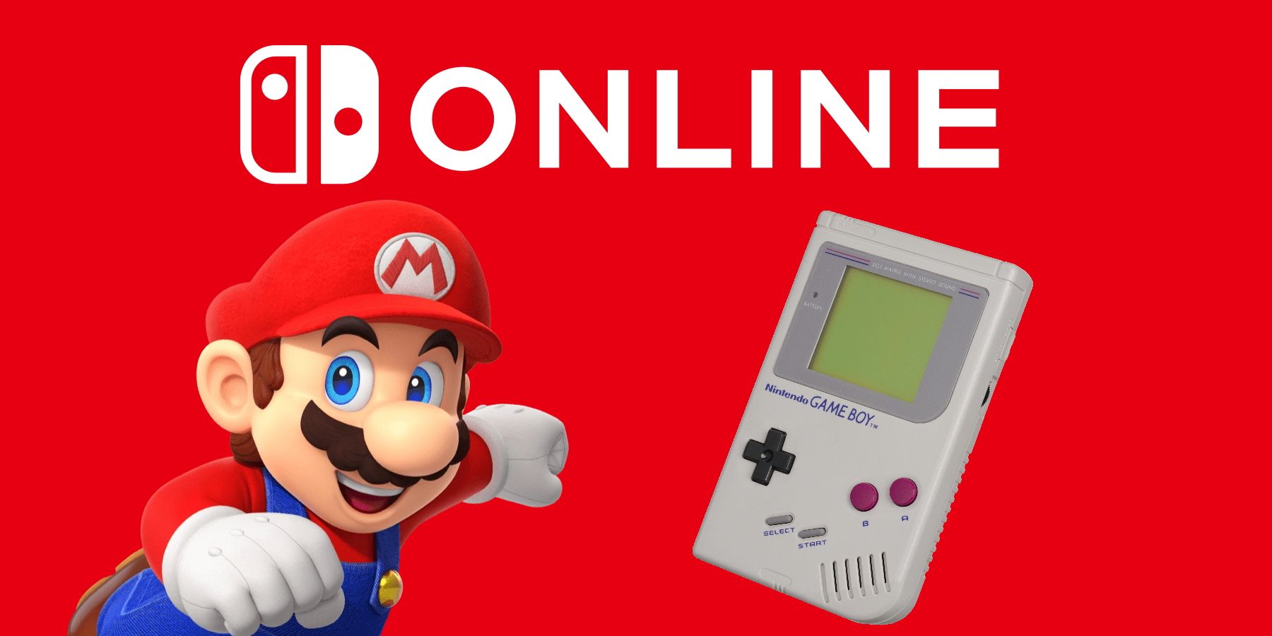 Transparent images of Mario and a Game Boy set against a red background with the Nintendo Switch Online logo.