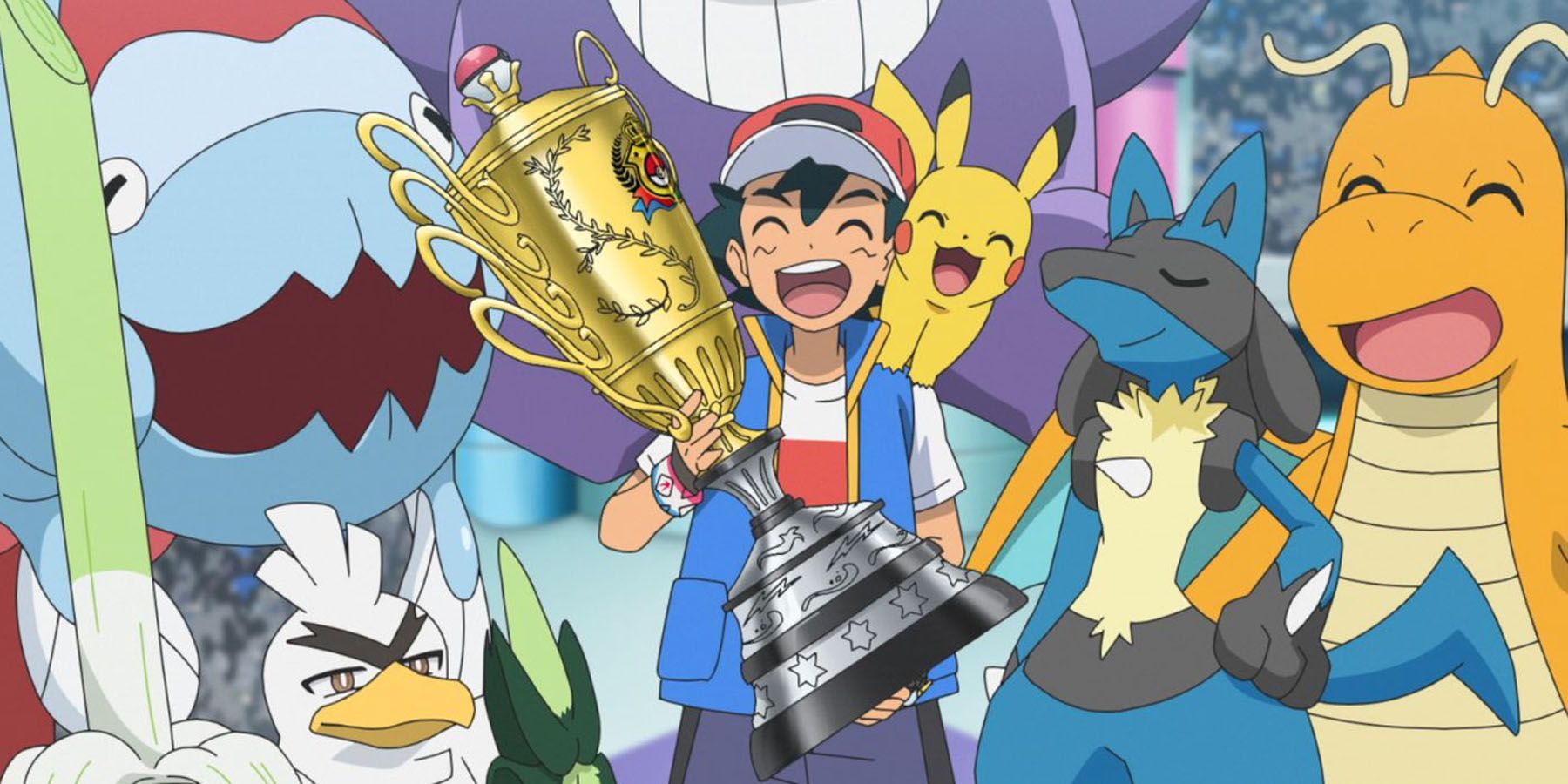 A screenshot of Ash and his party celebrating in the Pokemon anime.