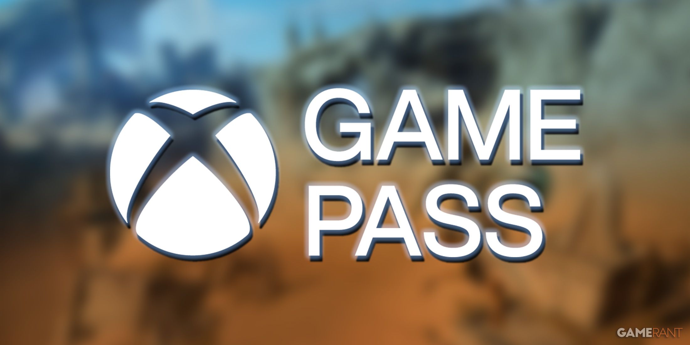 White Xbox Game Pass logo on blurred orange-blue-gradient-tinted Atlas Fallen promo screenshot